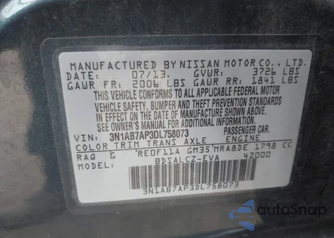 2013 Nissan Sentra S из США, поврежденный, VIN 3N1AB7AP3DL758073